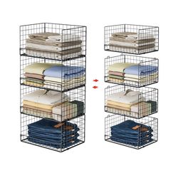 4-Tier Stackable Closet Organizers and Storage Shelves, Clothes Shelf Organizer Basket Bins, Foldable Sweater Storage for Closet Organizer System, Bla