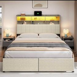 ✨ Queen Bed Frame with RGB LED Lights, Charging Station & Storage – NEW ✨