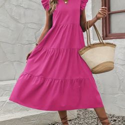 New Midi Pink Fuchsia Dress Ruffle Size S 