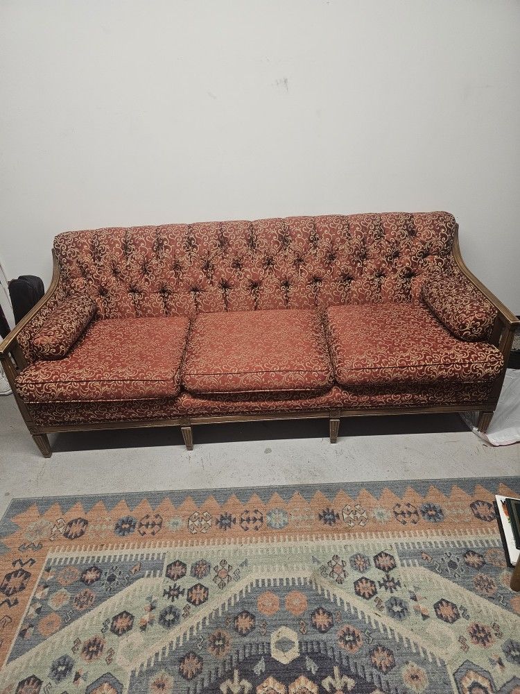 Mid-century Vintage Red Floral Fabric Sofa