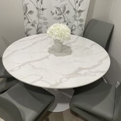 Faux White Marble Top Dining/Breakfast Set & Modern Grey Chairs