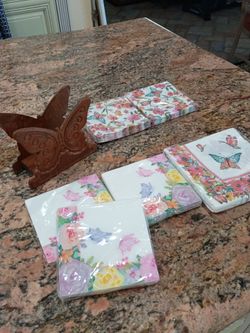 Lot of Unopened Butterfly Napkins and Wooden Butterfly Napkin Holder