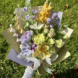 Crochet purple and green peonies bouquet