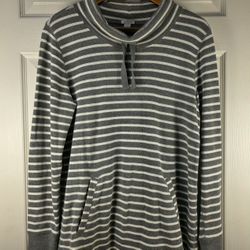 J. Crew Womens Waffle Knit Striped Shirt  Cowl Collar Medium Gray White Stripes 