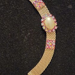 Vintage  Mesh Bracelet With Faux Pearl And AB Rhinestones, 7"