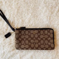 ✨Coach New C7313 Khaki Brown Multi Signature Double Zip Wallet Wristlet✨