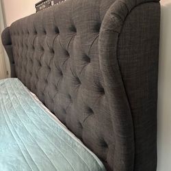 Wingback Tuffed Gray Upholstery King Size Bed 
