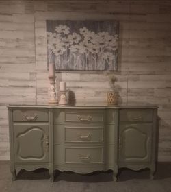 Refinished Solid Wood French Provincial Buffet with custom glass top/Dresser/Tv Stand