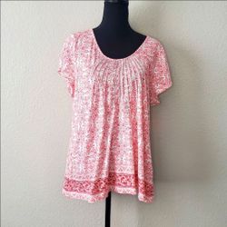 NWOT Charter Club Pink/ White Shortsleeve W/ Silver Embroidered Squares Size: L