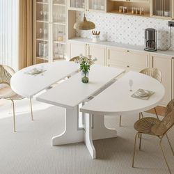 59" Extendable Round Dining Table for 4-8 , Modern Kitchen Oval Dining Table, Space Saving, Wooden Tabletop & Base, White