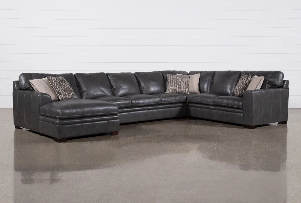 Living Spaces Greer Dark Grey Leather 4 Piece 166" Modular Sectional With Left Arm Facing Chaise & Armless Sofa