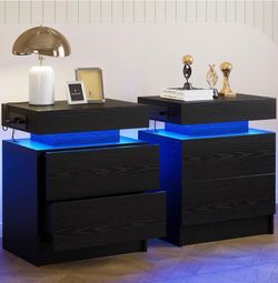 Modern Floating Nightstand Set (2) with LED Lights & Charging Station — Black