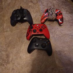 4 Xbox One Controllers 3 Wired 1 Wireless 2 Red 1 Black 1 Grey