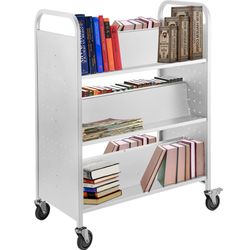 VEVOR Book Cart, Library Cart 6-Shelf, Rolling Library Book Cart Double Sided W-Shaped Sloped Shelves with 4-Inch Lockable Wheels, for Home Shelves Of