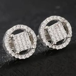 Exquisite Paved Round Cut 14K White Gold Plated Cubic Zirconia 10mm Men Women Stud Earrings 