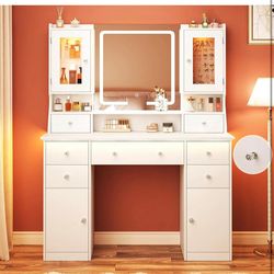 Vanity Desk with LED Mirror & RGB Lights, Large Makeup Vanity with 7 Drawers, White D-12