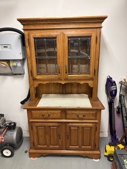 S. Bent & Bros. Solid Oak China Hutch with Leaded Glass, $225