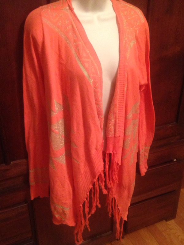 Coral and gold tribal cardigan w/ fringe