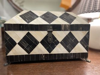 Vintage Tesselated Black Ebony and Ivory Tiled Brass Footed Lidded 