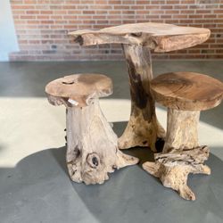 Live Edge Teak Root Mushroom Bar Set Table and Stools Set