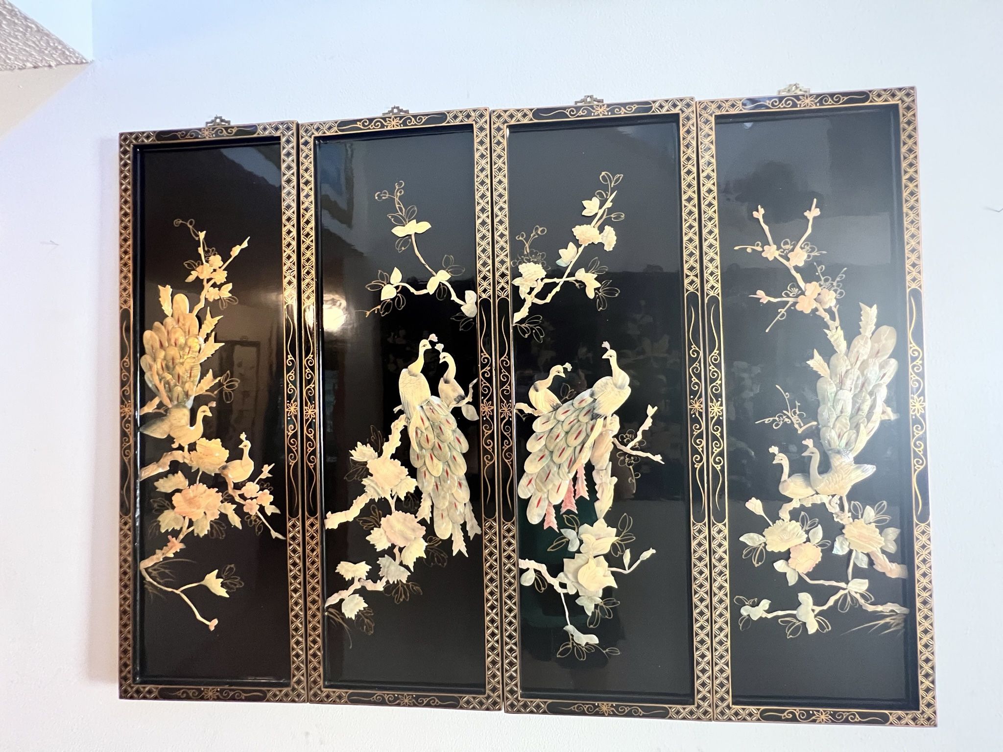 Panel Wall Hangings, Oriental Shell Art, Black Lacquer, Home Decor, Wall Art, Mother of Pearl Shells