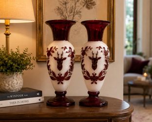 Vintage Ruby Red Frosted Glass Vases Set of 2 – 9” Hand Painted Art Glass Decor