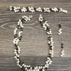 3-piece Sterling Silver freshwater pearl/gemstone jewelry set (necklace, bracelet, & earrings, new.