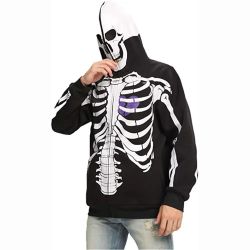 Skeleton Print Zip-Up Hoodie with Face Mask