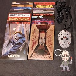 Horror Movie Glossy Photos 4 inch x 6 inch lot of 70 + Beaded Wooden Chain and Keychain 

