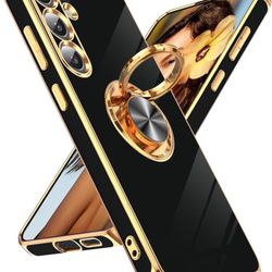 Compatible for Samsung Galaxy S24 Plus Case 360° Rotatable Ring Holder Magnetic Kickstand, Plating Rose Gold Edge Compatible for S24 Plus Case, Black