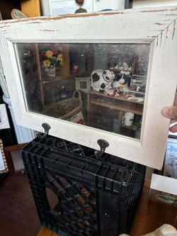 Distressed White Wood Framed Mirror with Hooks