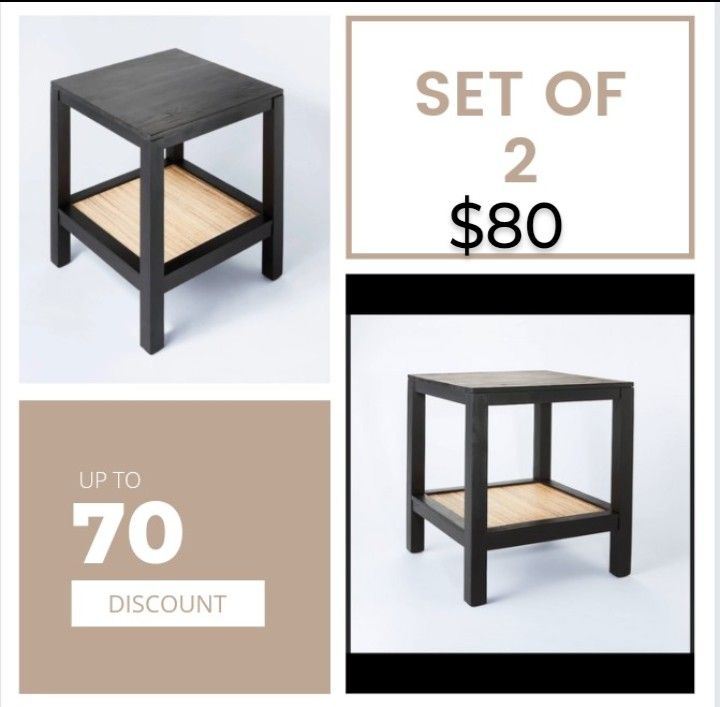 Brand New ( SET OF 2) Threshold &Studio Mc Gee /// Canyon Lake Wooden Side Table Black Ratan Finish