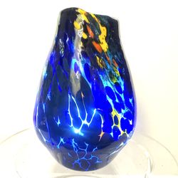 Art Glass Vase Blue & Multicolor Speckled Hand Blown Signed Mag Farzad Dated8/22