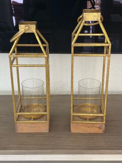 Set of 2 Gold Lantern Candle Holders.