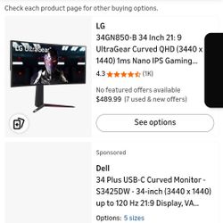 34" Ultra Wide LG 34gn850-b Like New