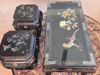 Oriental black lacquer coffee table and end tables