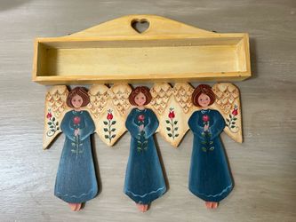 Vintage Hand-Painted Wooden Folk Art Angel Wall Shelf