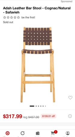 Safavieh Adah Leather Barstool, Cognac/Brown, Natural Wood, 29.7" Armless