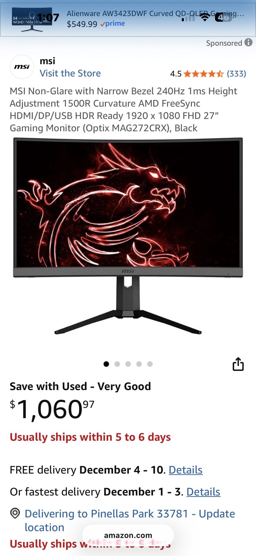 MSI Optix MAG272CRX – SUPER RARE 27” Curved 240Hz Esports Monitor – Perfect Condition