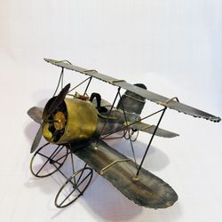 Handcrafted Brass Metal Biplane Sculpture W Gun Brutalist Art Soldered 12”