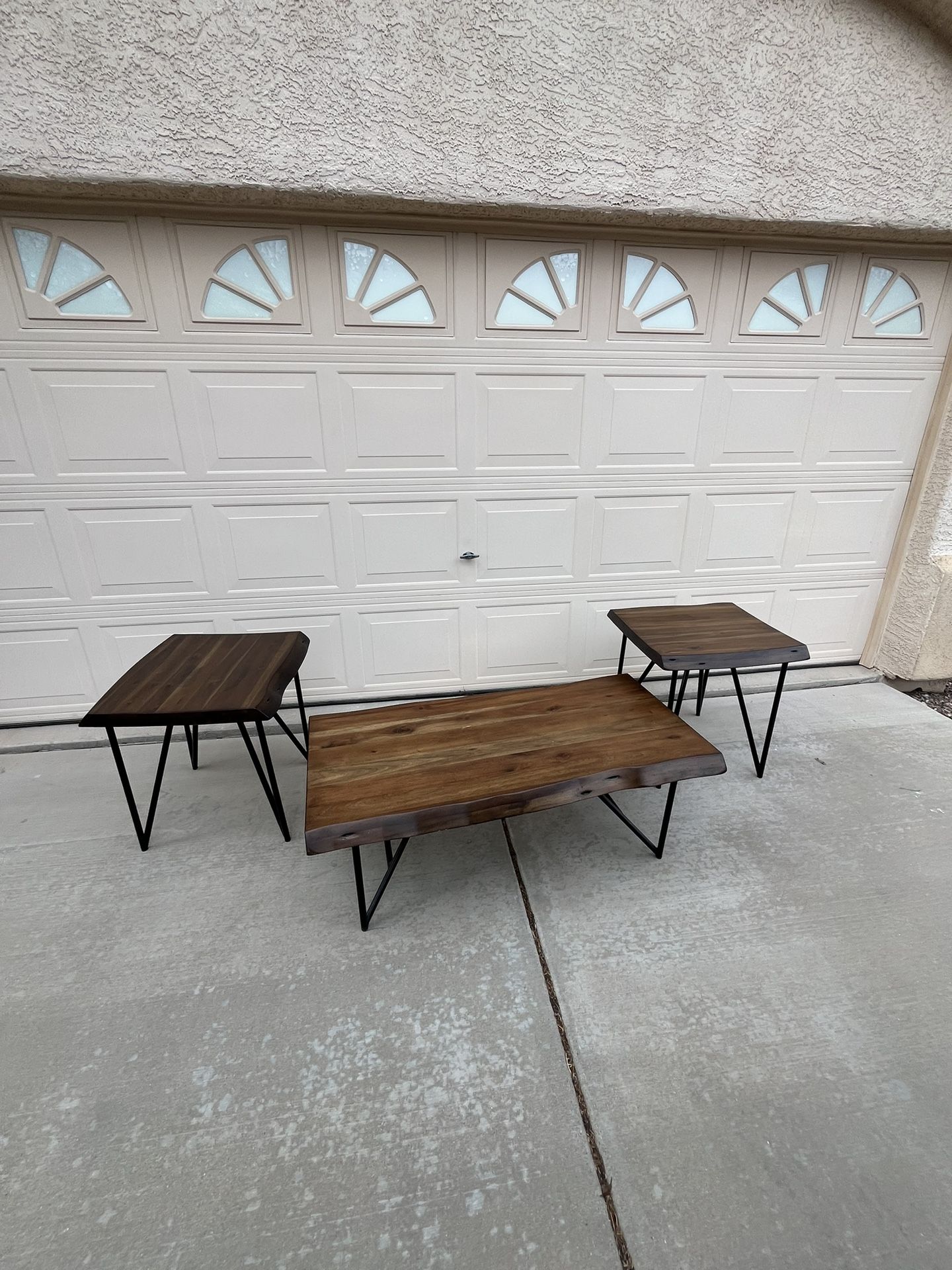 3 piece Nature's Edge wood hair pin leg 50” Coffee table 2 end tables