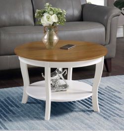 American Heritage 30 in. Driftwood/White Round Wood Top Coffee Table with Shelf NEW in Box
