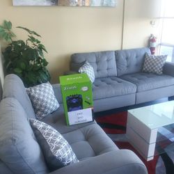 Beautiful Grey Sofa And Love Seat On Sale ( FREE Speakers with Purchase )