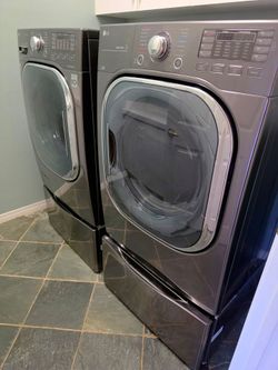 LG Front-Load Washer + Gas Dryer Set with Storage Pedestals