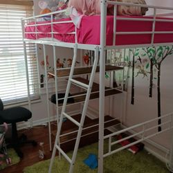 Twin Size Metal White Loft Bed With Shelves And Desk