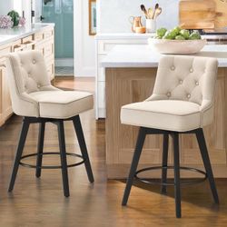 26" Swivel Counter Height Bar Stools Set of 2, Modern Bar Stools with Back and Metal Round Footrest, Solid Wood Legs, Linen Fabric Upholstered Barstoo