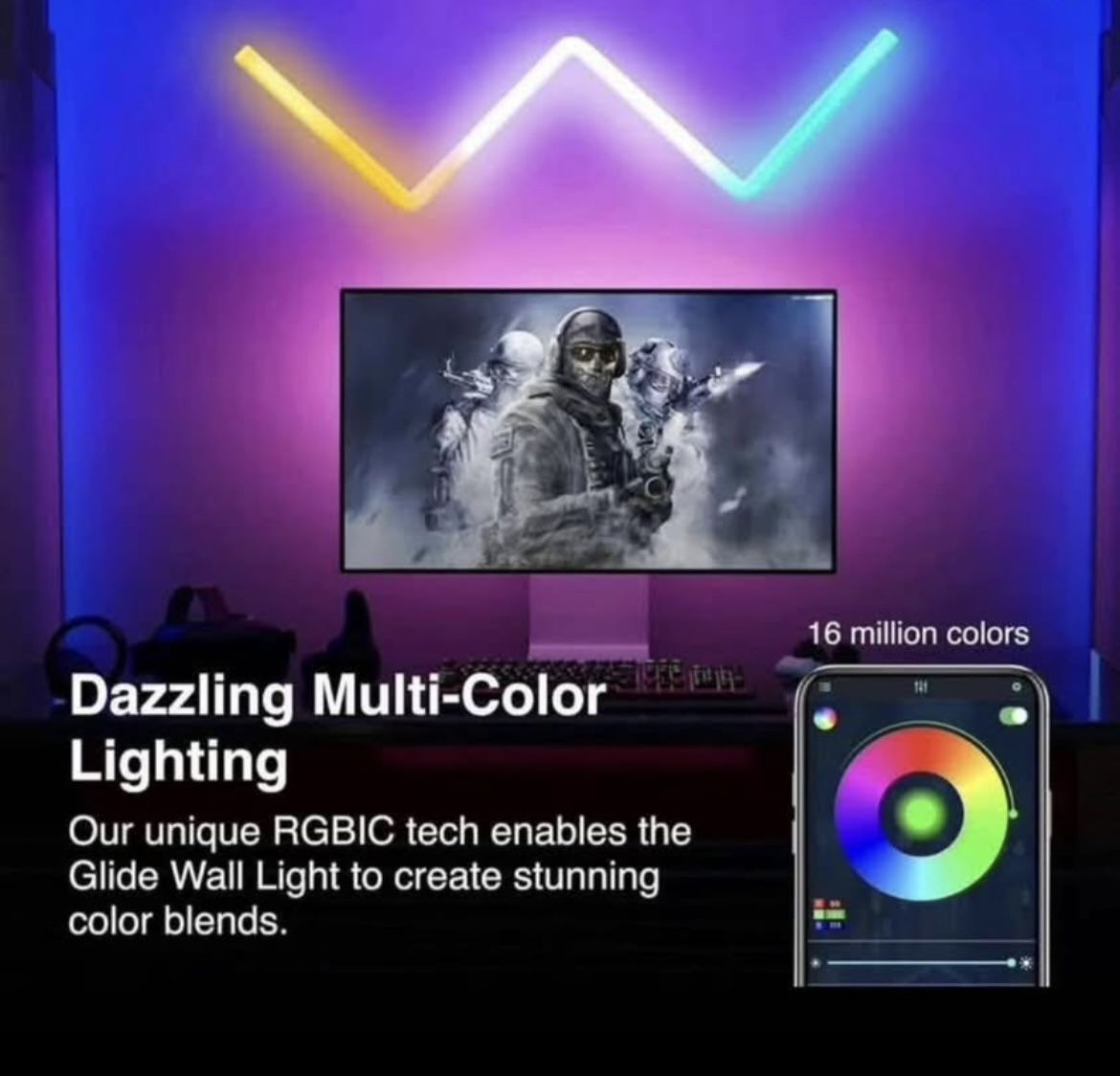 Glide LED Wall Lights - 8 Line Lights and 4 Corner Wall Light Panels for Bars, Gaming Rooms - Wall D