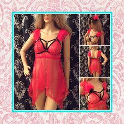 New Red sheer Feather Bra Cage Harness lingerie costume holiday rave festival