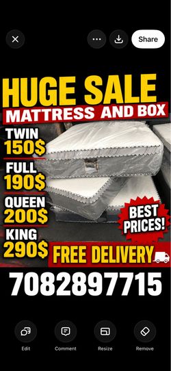 Huge sale for Mattress And Box Twin size #mattress and box 150.$ full 190$ Queen 200$ king 290$. free delivery free set up 708….289…7715… cash or Zell