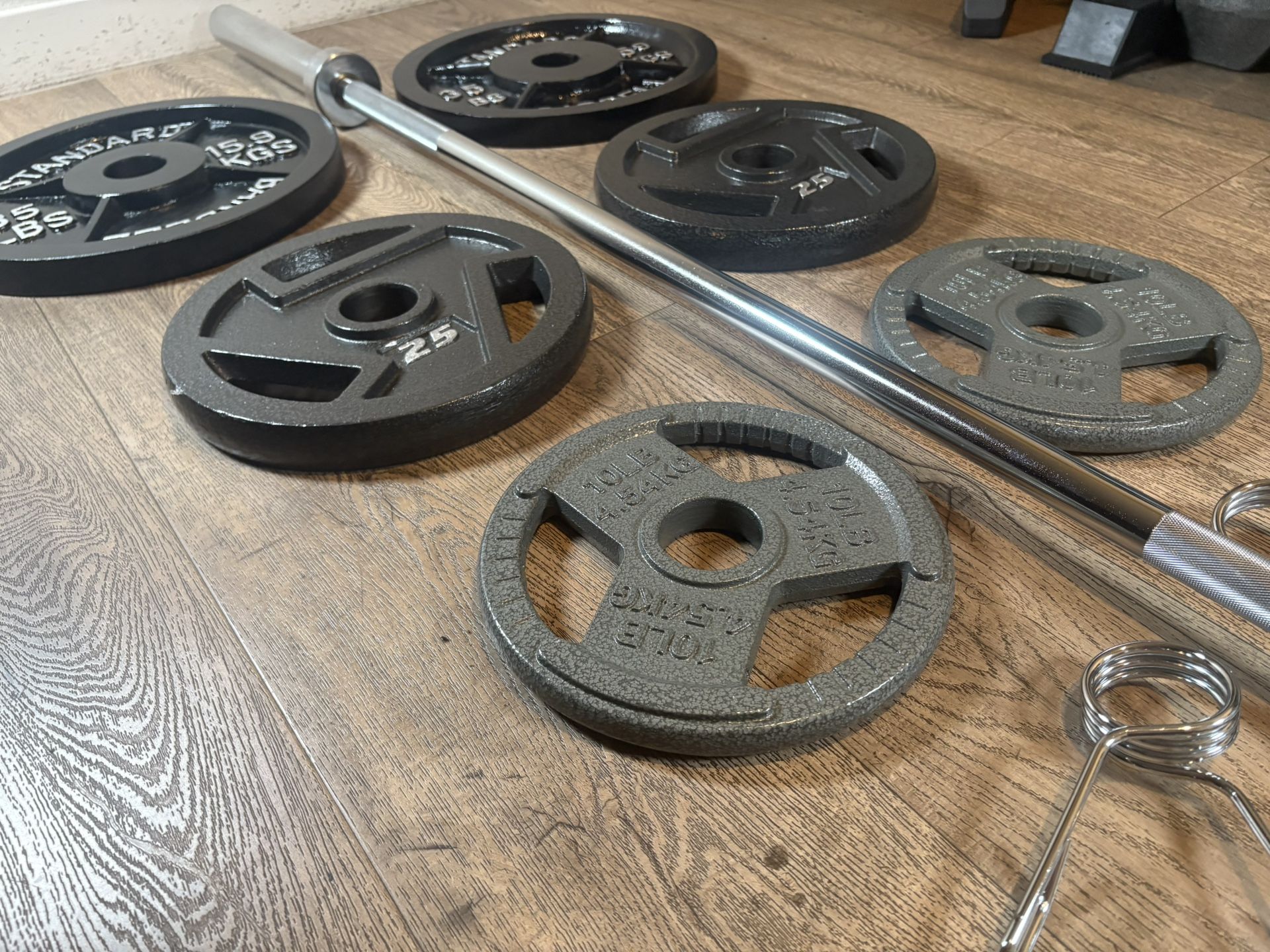 CUZ NEED THE $$ NEW Olympic Equipment: 6 ft Silver Bar & Weight Plates 35s, 25s, and 10s lbs. Total: 180 lbs [ NO, No Better Price]